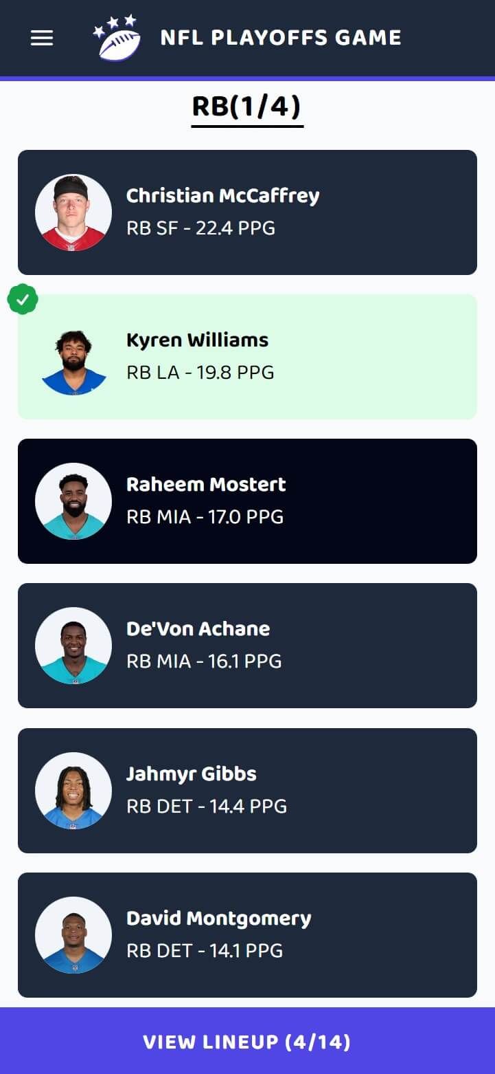 A mobile screen shot of the Playoffs Game lineup picker, currently showing a list of running backs with one of four selected, Kyren Williams